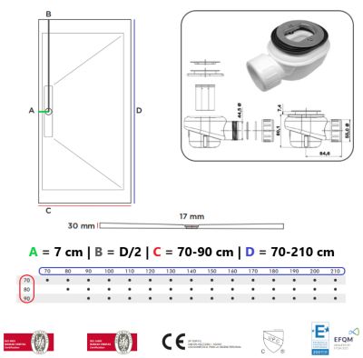 Receveur de douche 80x160 cm extra plat EDIS en resine surface ardoisee blanc Grille inox