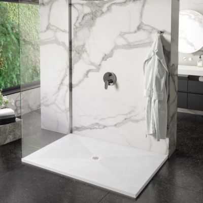 Receveur de douche 80x170 cm extra plat DEXA en resine surface ardoisee blanc Grille blanche