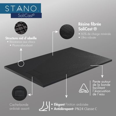 Receveur de douche 90 x 160 cm extra plat noir PIATTO en SoliCast surface ardoisee