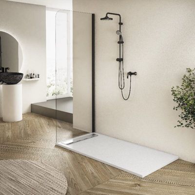 Receveur de douche 90x160cm extra plat RIBERA en resine surface ardoisee blanc Grille blanche