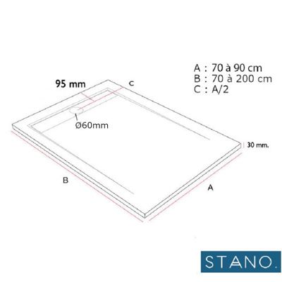 Receveur de douche 90x190 cm extra plat ARCO en resine surface ardoisee blanc Grille blanche
