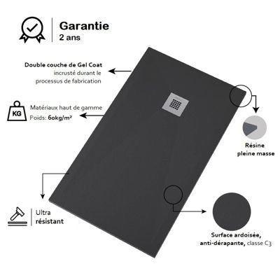 Receveur de douche 90x90 cm extra plat DEKOR en resine finition marbre noir