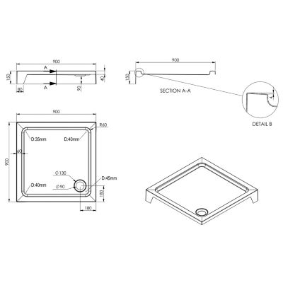 Receveur de douche à poser 90 x 90 cm, Dommel