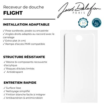 Receveur de douche antidérapant 160 x 90 cm JACOB DELAFON Flight rectangle blanc