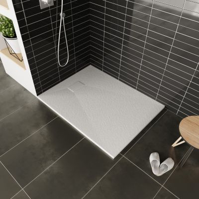 Receveur de douche BAYA extra-plat aspect pierre blanc 90 x 160 cm + bonde