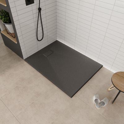 Receveur de douche BAYA extra-plat aspect pierre noir 90 x 160 cm + bonde