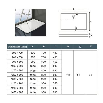 Receveur de douche blanc 150x70x3 cm - Extra plat - Carré - Résine antidérapante avec le bonde de douche et siphon 90cm