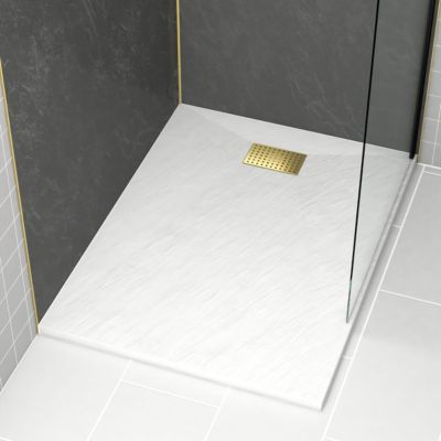Receveur de douche Blanc Effet Pierre 90x120 cm et Grille décor Perforée Or Doré Brossé