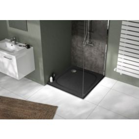 Receveur de douche carré 80x80cm, noir mat effet pierre, Allibert Mooneo