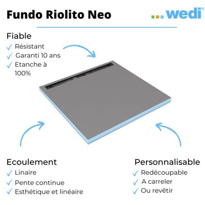 Receveur de douche à carreler 120 x 120 cm WEDI Fundo Riolito Neo avec écoulement vertical + barrette de finition 70 cm