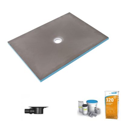 Receveur de douche à carreler 140 x 100 WEDI Fundo Primo écoulement centré + bonde horizontale + kit d'étanchéité + colle 320