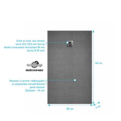 Receveur de douche à carreler 140x80 cm avec bonde à sortie Horizontale - Grille finition chrome