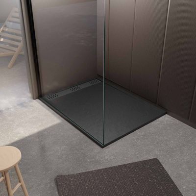 Receveur de douche en résine noir 80x120x3 cm effet pierre granit + grille linéaire gun metal