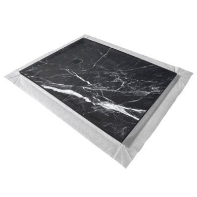 Receveur de douche en resine 200x100 cm imitation marbre noir grille carree inox noir excentree