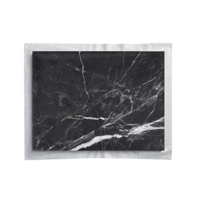 Receveur de douche en resine 200x100 cm imitation marbre noir grille carree inox noir excentree