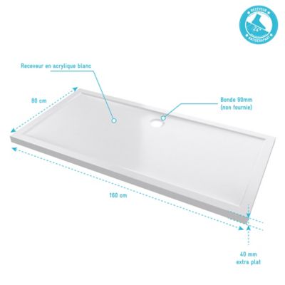 Receveur de douche extra-plat 80 x 160 cm, blanc, Galedo Pure 2