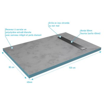Receveur de douche extra-plat à carreler 80 x 120 cm, bonde linéaire, Galedo Showerplate