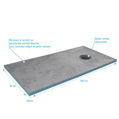 Receveur de douche extra-plat à carreler 90 x 160 cm, bonde centrale, Galedo Showerplate