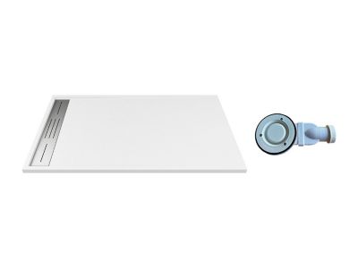 Receveur de douche extra plat à poser ou à encastrer recoupable en résine SMC avec siphon - Blanc - 160 x 90 cm - LYROSA