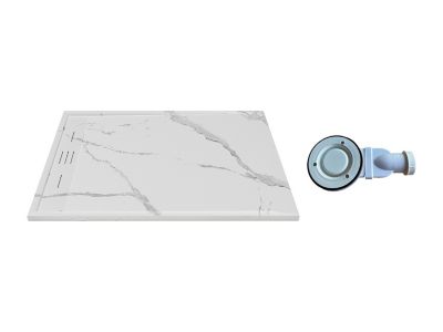Receveur de douche extra plat à poser ou à encastrer recoupable en résine SMC avec siphon - Blanc marbré - 140 x 90 cm - LYROSA