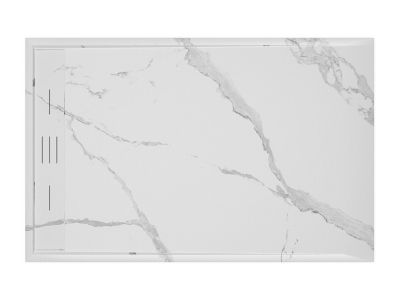 Receveur de douche extra plat à poser ou à encastrer recoupable en résine SMC avec siphon - Blanc marbré - 140 x 90 cm - LYROSA