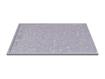 Receveur de douche extra plat à poser ou à encastrer recoupable en résine SMC - Effet Terrazzo gris - 140 x 90 cm - LYROSA