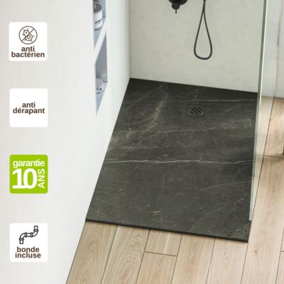 Receveur de Douche Extraplat MARMOLEADO - 100x100x2,6cm - Impression Marquina - Résine Minérale - RÉSIGRÈS