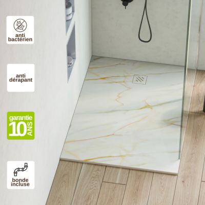 Receveur de Douche Extraplat MARMOLEADO - 80x140x2,6cm - Impression Calacata Gold - Résine Minérale - RÉSIGRÈS