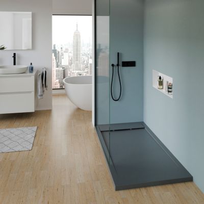 Receveur de douche fonte minérale, Anthracite, 140x80x4.5cm, Bac à douche antidérapant, Pente écoulement, Sans bonde