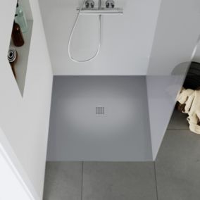 Receveur de douche fonte minérale, Bac à douche antidérapant, Pente écoulement, Gris clair mat -90x90x2,5cm- Durabayas