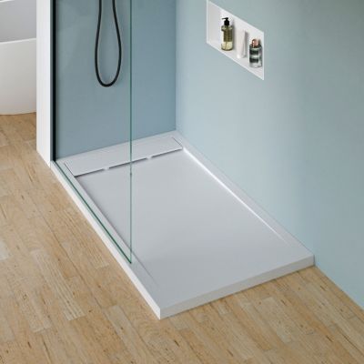 Receveur de douche fonte minérale Blanc mat, 140x90x4.5cm, Bac à douche antidérapant, Pente écoulement, Avec Bonde type B