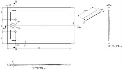 Receveur de douche fonte minérale Blanc mat, 140x90x4.5cm, Bac à douche antidérapant, Pente écoulement, Avec Bonde type B