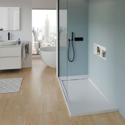 Receveur de douche fonte minérale, Blanc mat, 160x90x4.5cm, Bac à douche antidérapant, Pente écoulement, Sans bonde