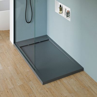Receveur de douche fonte minérale, Gris béton, 140x80x4.5cm, Bac à douche antidérapant, Pente écoulement, Avec Bonde type B