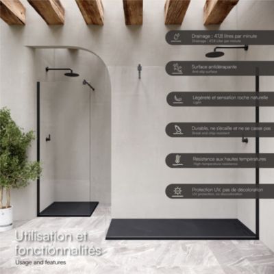 Receveur de douche HIEMAL 90 x 160 cm résine Noir aspect ardoise + bonde incluse - Saniverre