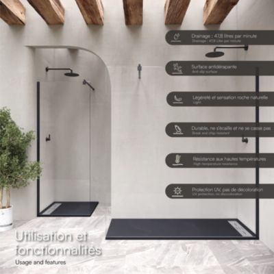 Receveur de douche HIEMAL INOX 100 x 100 cm résine Noir aspect ardoise + bonde inox incluse - Saniverre