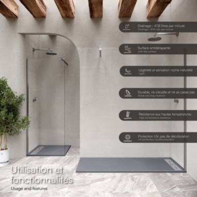 Receveur de douche HIEMAL INOX 70 x 180 cm résine Gris aspect ardoise + bonde inox incluse - Saniverre