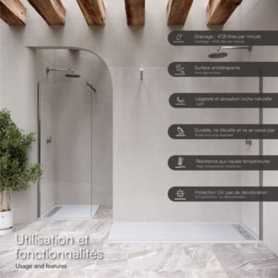 Receveur de douche HIEMAL INOX 90 x 120 cm résine Blanc aspect ardoise + bonde inox incluse - Saniverre