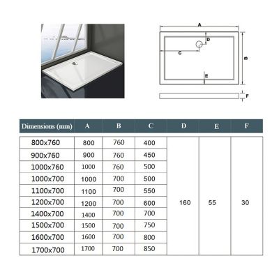 Receveur de douche italienne 150x70cm blanc, extra-plat, Bac à douche avec le kit de plinthe, 10 pieds, bonde de douche et siphon