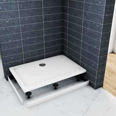 Receveur De Douche L.90 x l.80cm Blanc Extra Plat Rectangulaire Avec Le Kit De Plinthe Et Pieds Et Bonde De Douche