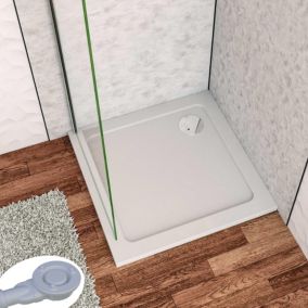 Receveur de douche à l'italien 100x100cm H.3cm, blanc, Bac à douche extra-plat en résine, avec une bonde H.55mm Design ultra-mince