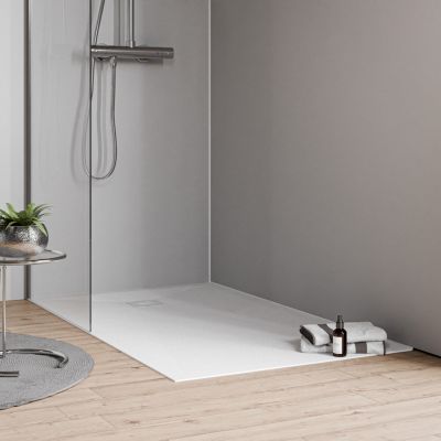 Receveur de douche plat 90x100x2,4cm en fonte minérale VIREO - effet pierre blanc mat
