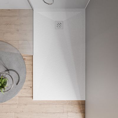 Receveur de douche plat, Bac à douche en fonte minérale VIREO - effet pierre blanc mat - 90x160x2,4cm