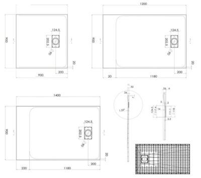 Receveur de douche rectangulaire en SMC, 3,2 cm de hauteur, blanc, 90x140cm, avec système d évacuation type B