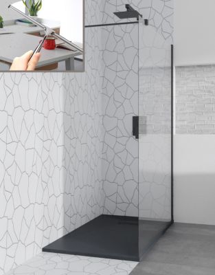 Receveur de douche VIDAR 80x100 Rectangle Noir+Paroi de douche àl'italienne KETIL Noir 100x195 Verretransparent+Raclette de douche