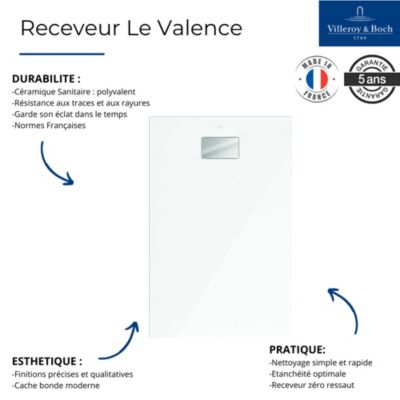 Receveur de douche zéro ressaut 100 x 80 VILLEROY ET BOCH Le Valence céramique avec cache bonde