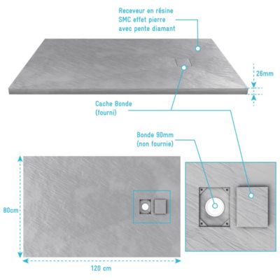 Receveur en résine  - Effet pierre (80x120 cm - Gris clair)