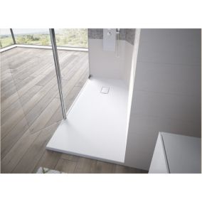 Receveur Kinesurf découpable 100x100 blanc aspect pierre avec cache-bonde assorti et bonde extra-plate