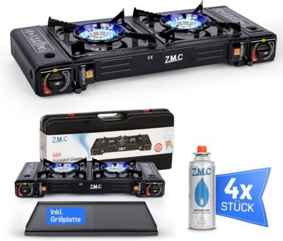 Rechaud a gaz de camping 2 feux avec 4 cartouches 227g plaque de cuisson et adaptateur GPL 2,5 kW