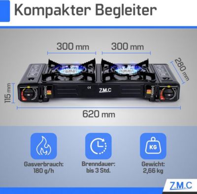 Rechaud a gaz de camping 2 feux avec 4 cartouches 227g plaque de cuisson et adaptateur GPL 2,5 kW